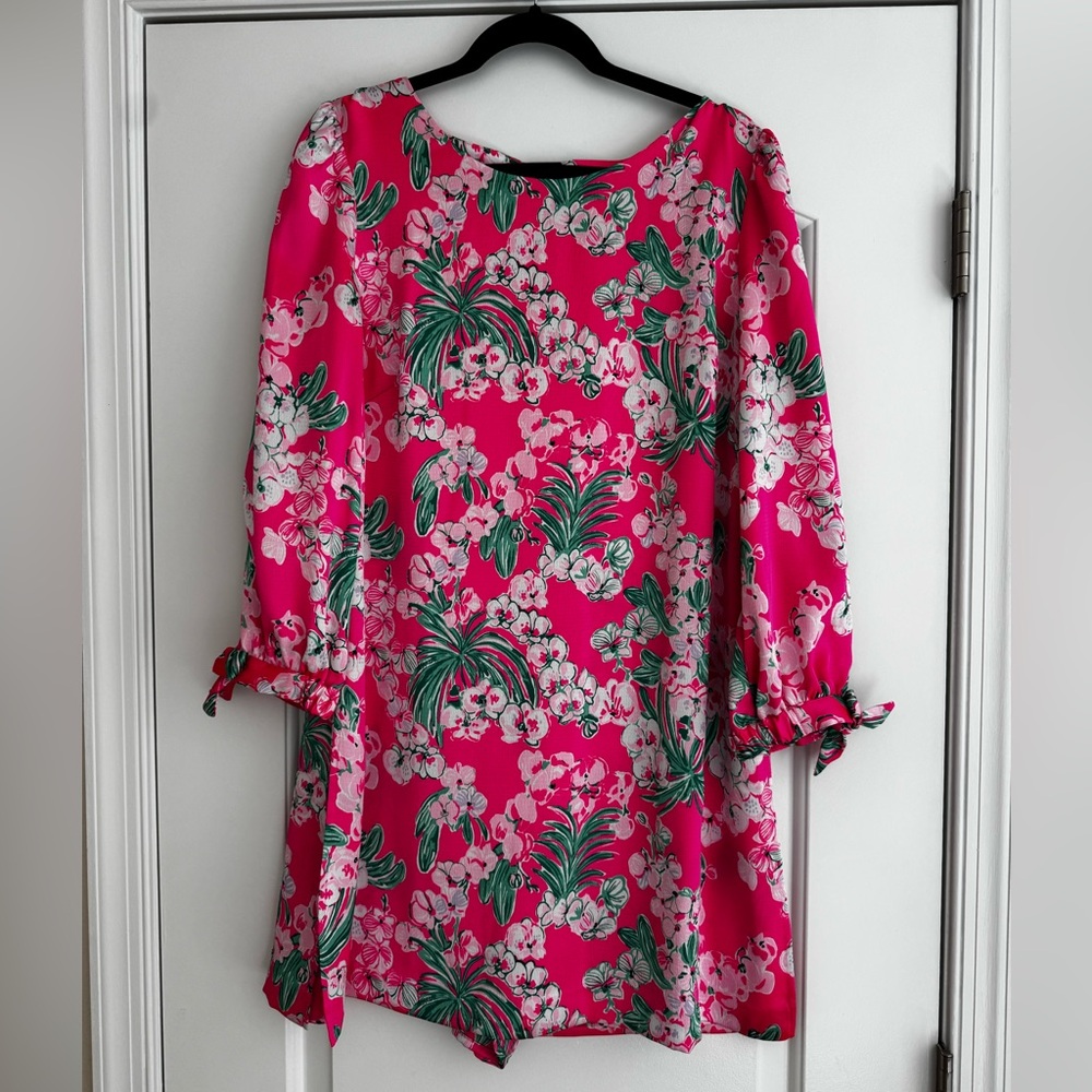 Lilly Pulitzer Hot Pink Floral Romper with Green Leaves